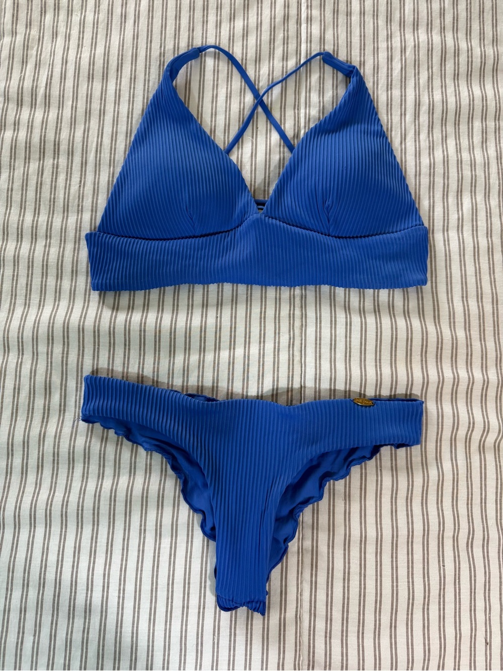 Luli Fama Blue Ribbed Bikini Set Women’s swimwear Textured Brazilian Bottom